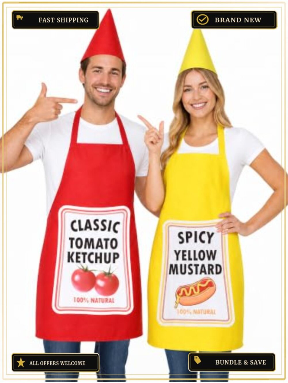 Ketchup & Mustard Couple Costume Set Apron & Hat, Funny Halloween Dress-Up